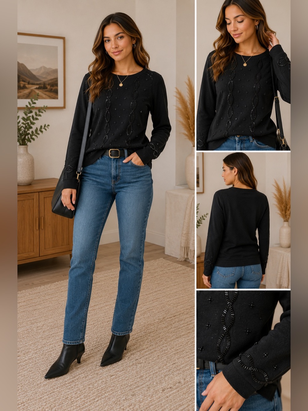 Grace Black Beaded Cable-Pattern Sweater Silk and Cashmere Size Large